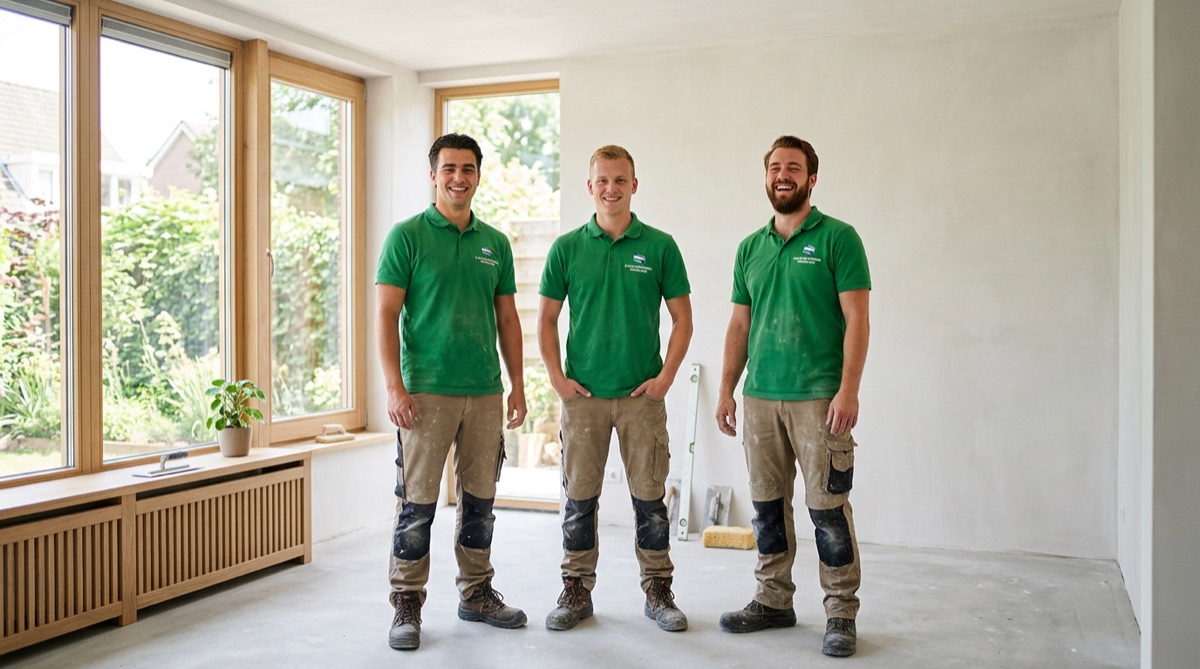 Het team van 24stukadoor in een vers gestukte ruimte